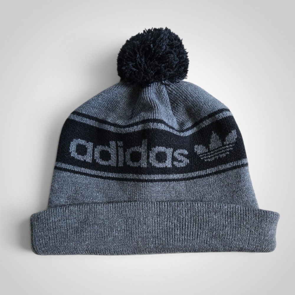 Adidas Originals Mens Grey Black Pom Pom Cuffed Knit Beanie Hat Trefoil Logo